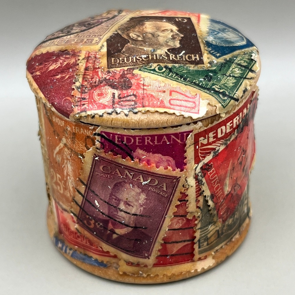 Vtg Decoupage Wooden Stamp Box International Philately Folk Art Trinket Jar 2"